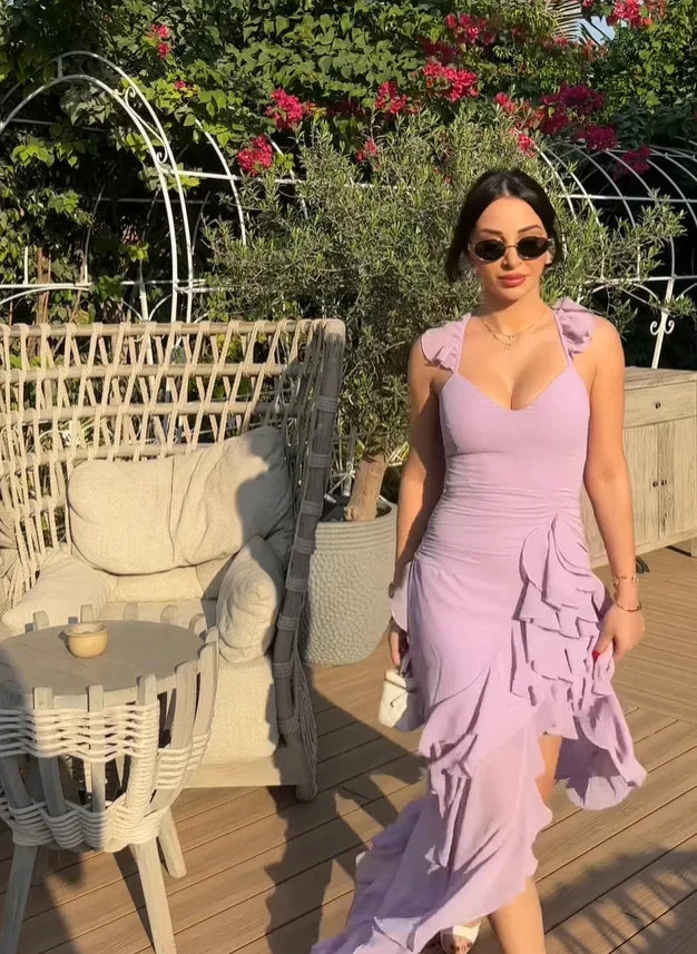 Chiffon Halter Neck Ruched Bodice Ruffle Trim High-Slit Open-Back Floor-Length Romantic Formal Evening Dress by YiHuiw