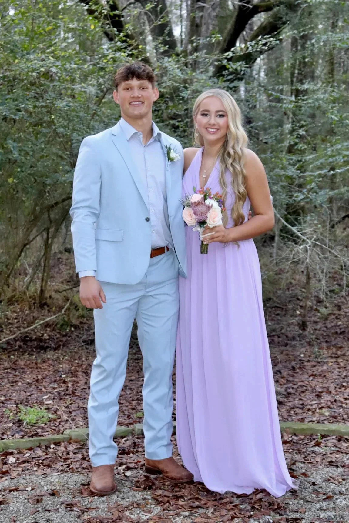 Chiffon Halter Prom Dress with Ruched Bodice, Open Back and Flowing Skirt by JiMiss Dresses