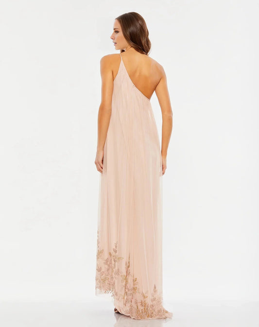 Chiffon One-Shoulder High-Low Hem Gold-Embroidered Flowy Silhouette Formal Evening Dress by YiHuiw