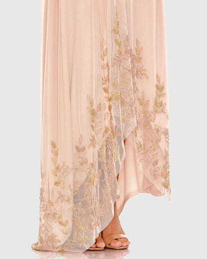 Chiffon One-Shoulder High-Low Hem Gold-Embroidered Flowy Silhouette Formal Evening Dress by YiHuiw