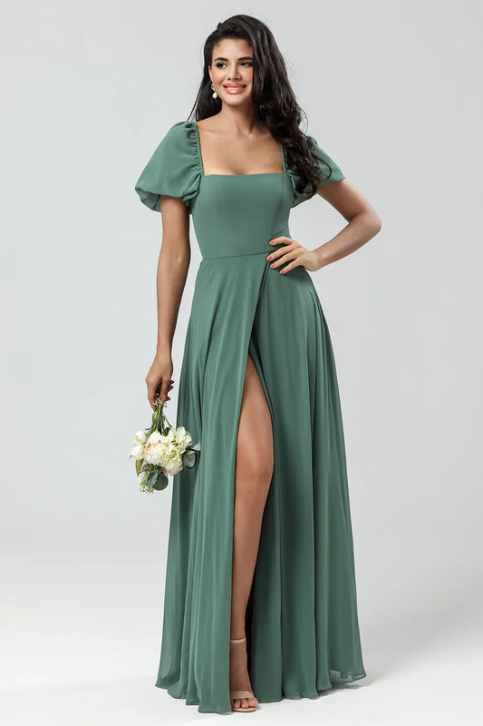 Green A-Line Chiffon Puff Sleeve Wedding Dress - Yihuiw by Yihuiw
