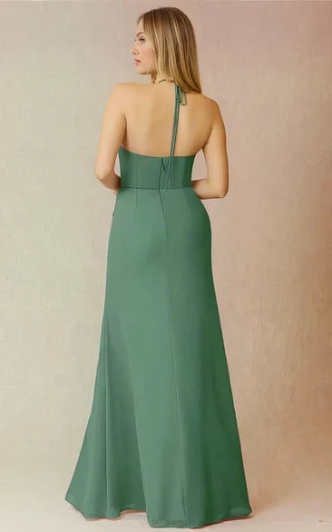 Sheath Halter Chiffon Sleeveless Pleated Floor-Length Prom Gown - Yihuiw by Yihuiw