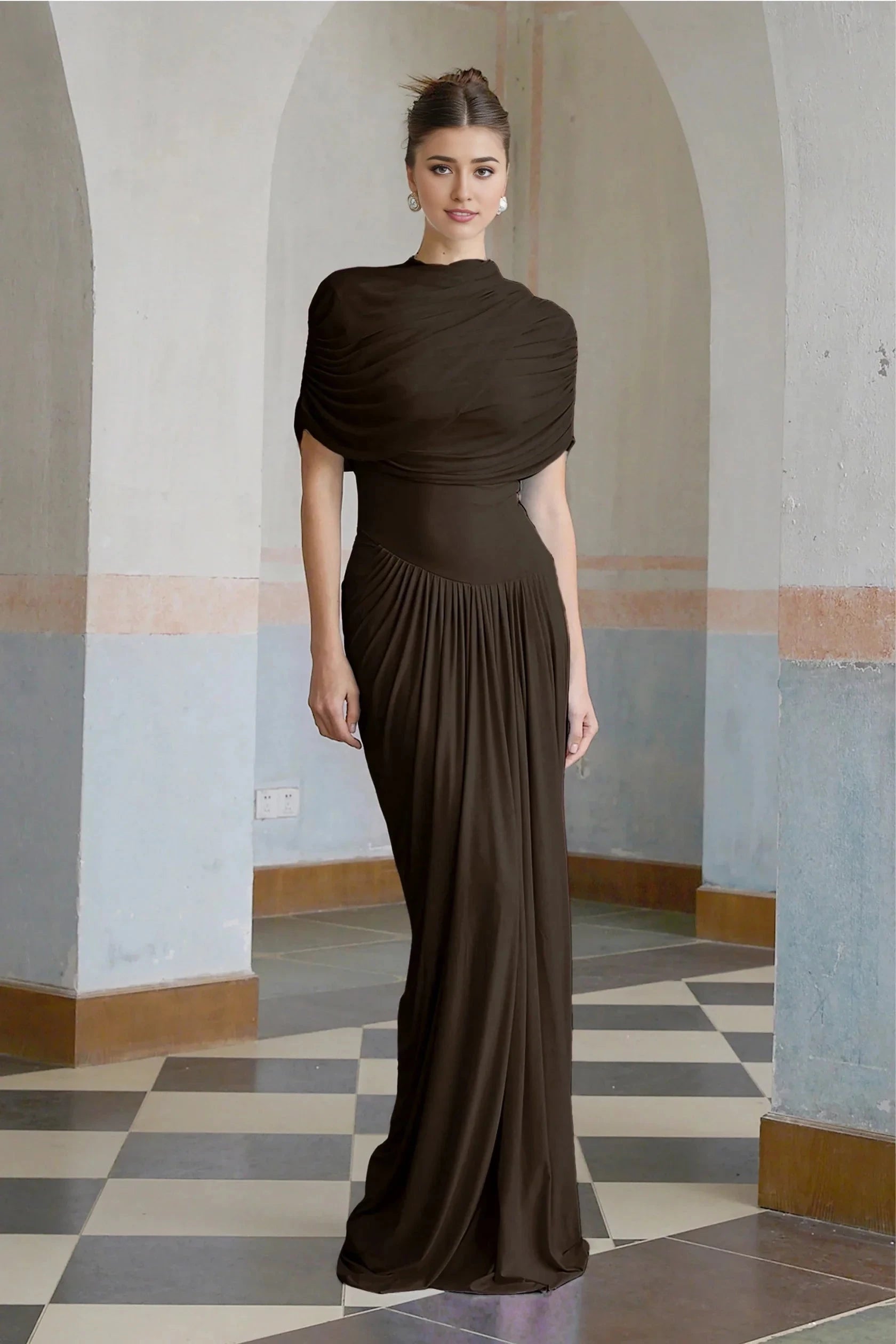 Chocolate Brown Draped Maxi Dress Catherine asymmetrical pleated maxi dress in Brown Evening Dress by YiHuiw