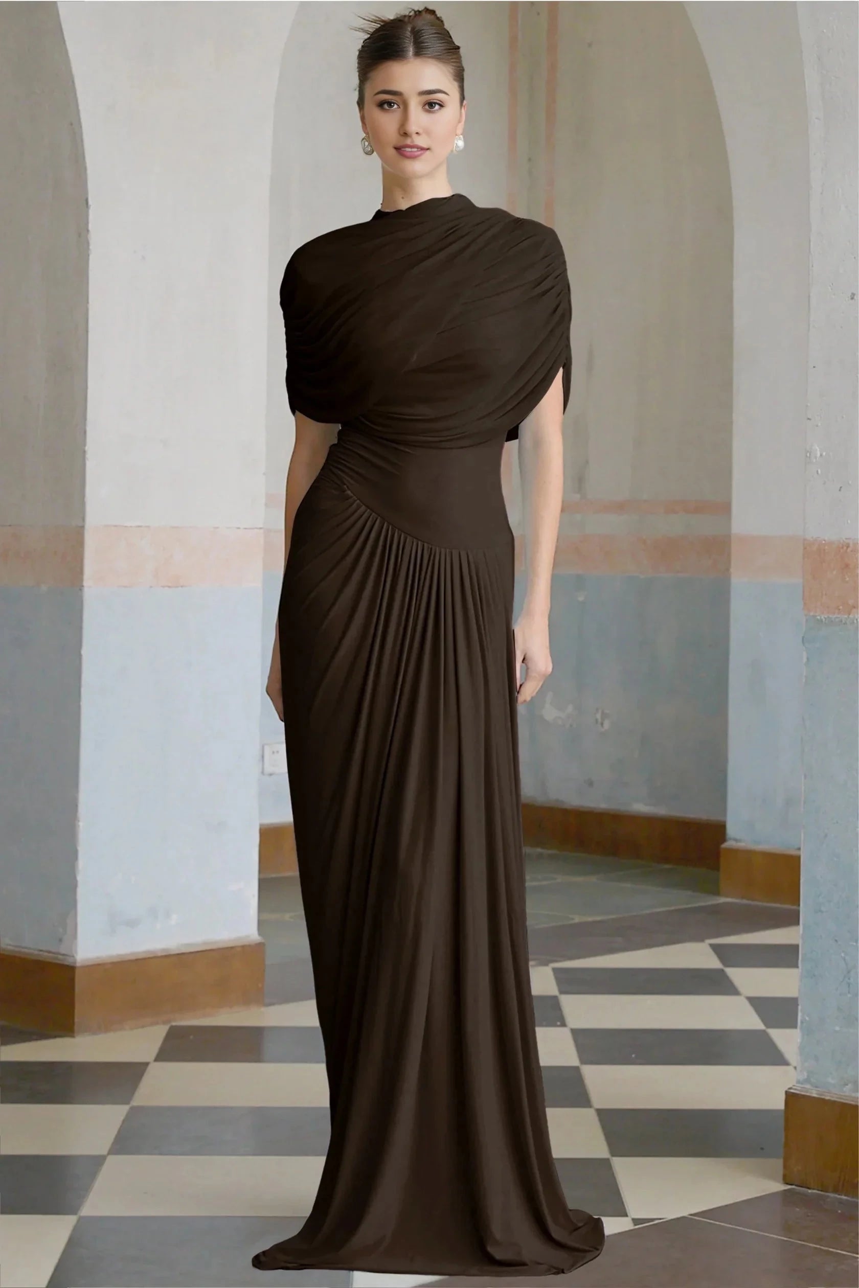 Chocolate Brown Draped Maxi Dress Catherine asymmetrical pleated maxi dress in Brown Evening Dress by YiHuiw