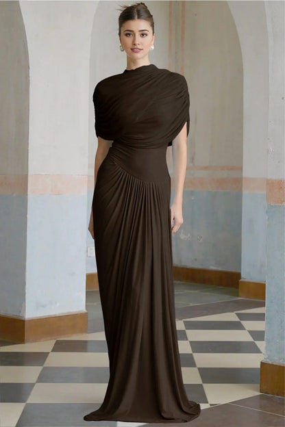 Chocolate Brown Draped Maxi Dress Catherine asymmetrical pleated maxi dress in Brown Evening Dress by YiHuiw