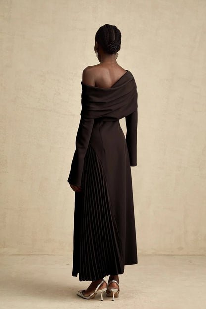 Chocolate Brown Off - Shoulder Maxi Dress with Pleated Detail Valentine high-slit pleated maxi dress in Black Evening Dress by YiHuiw