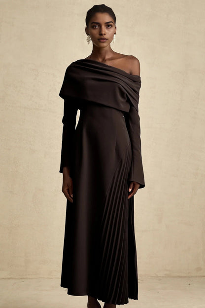 Chocolate Brown Off - Shoulder Maxi Dress with Pleated Detail Valentine high-slit pleated maxi dress in Black Evening Dress by YiHuiw