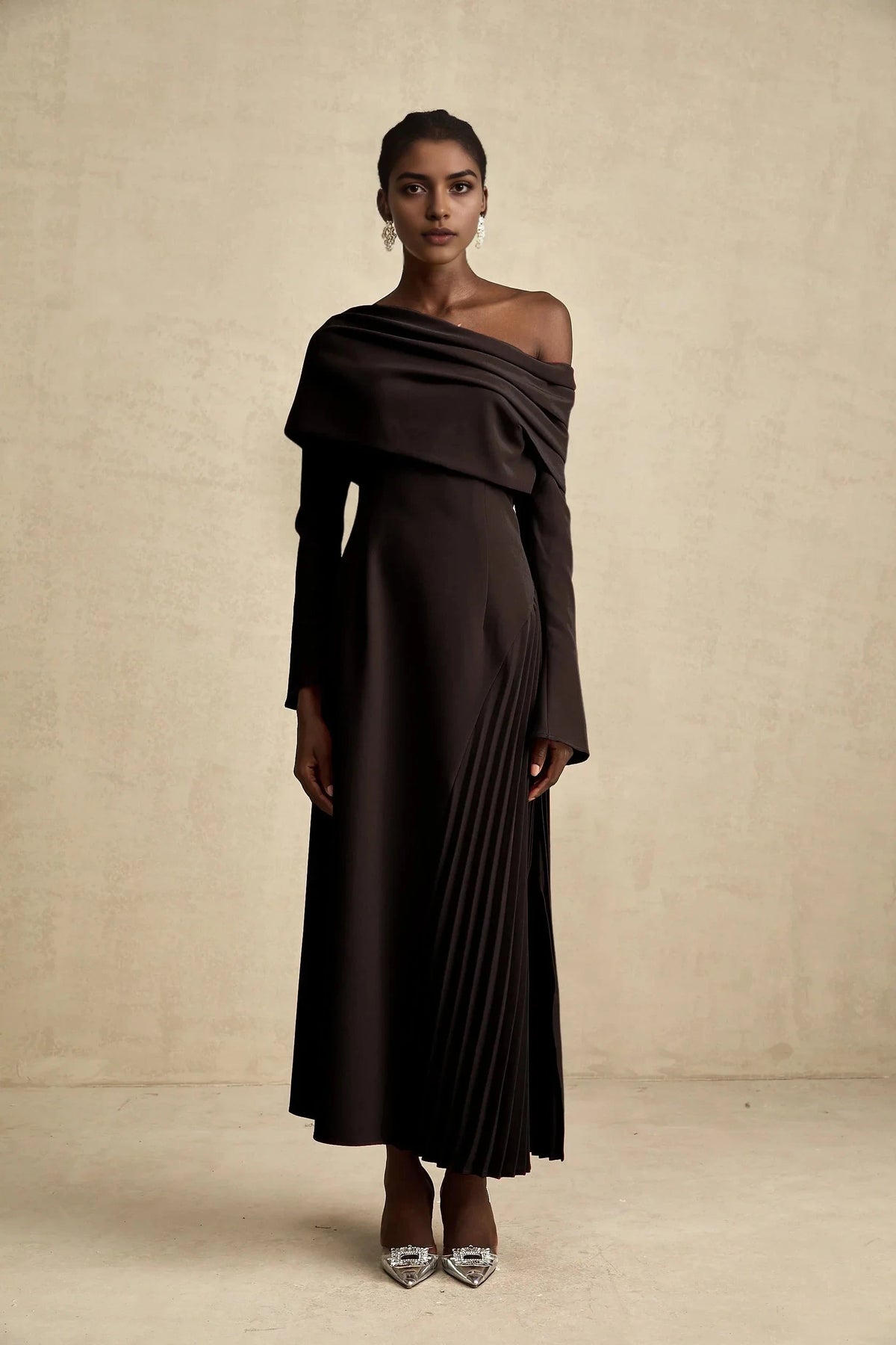 Chocolate Brown Off - Shoulder Maxi Dress with Pleated Detail Valentine high-slit pleated maxi dress in Black Evening Dress by YiHuiw