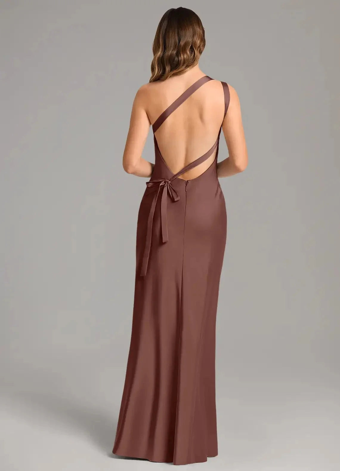Chocolate Brown Satin One-Shoulder Maxi Dress with Open Back Mermaid One Shoulder Stretch Satin Dress Bridesmaid Dresses by YiHuiw