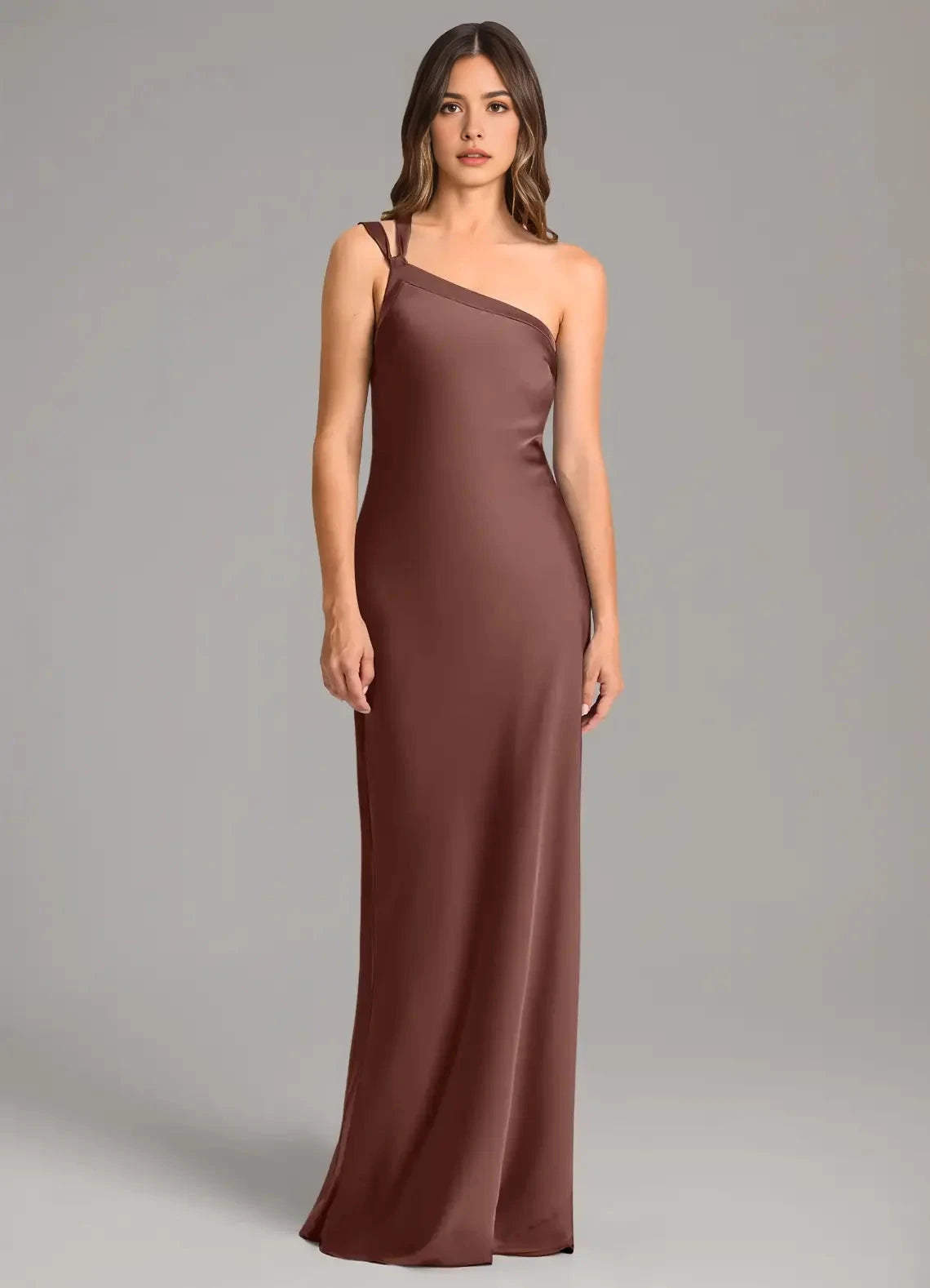 Chocolate Brown Satin One-Shoulder Maxi Dress with Open Back Mermaid One Shoulder Stretch Satin Dress Bridesmaid Dresses by YiHuiw