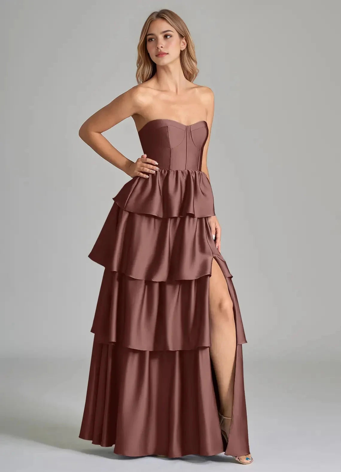 Chocolate Brown Strapless Tiered Maxi Dress with Side Slit A-Line Ruched Stretch Satin Dress Bridesmaid Dresses by YiHuiw