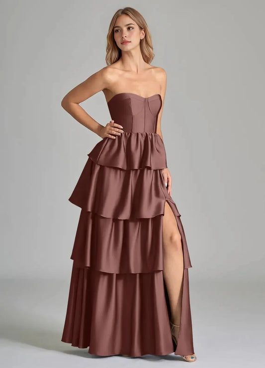 Chocolate Brown Strapless Tiered Maxi Dress with Side Slit A-Line Ruched Stretch Satin Dress Bridesmaid Dresses by YiHuiw
