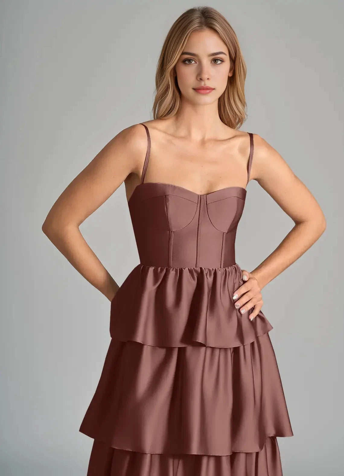 Chocolate Brown Strapless Tiered Maxi Dress with Side Slit A-Line Ruched Stretch Satin Dress Bridesmaid Dresses by YiHuiw
