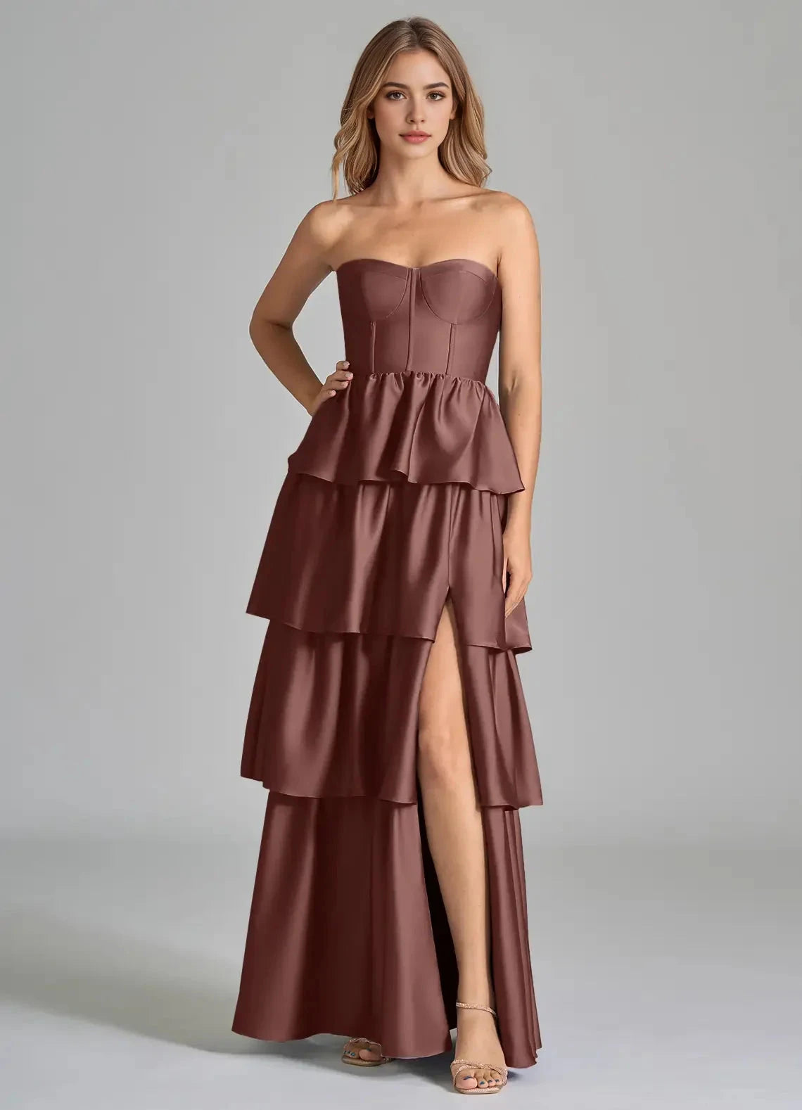 Chocolate Brown Strapless Tiered Maxi Dress with Side Slit A-Line Ruched Stretch Satin Dress Bridesmaid Dresses by YiHuiw