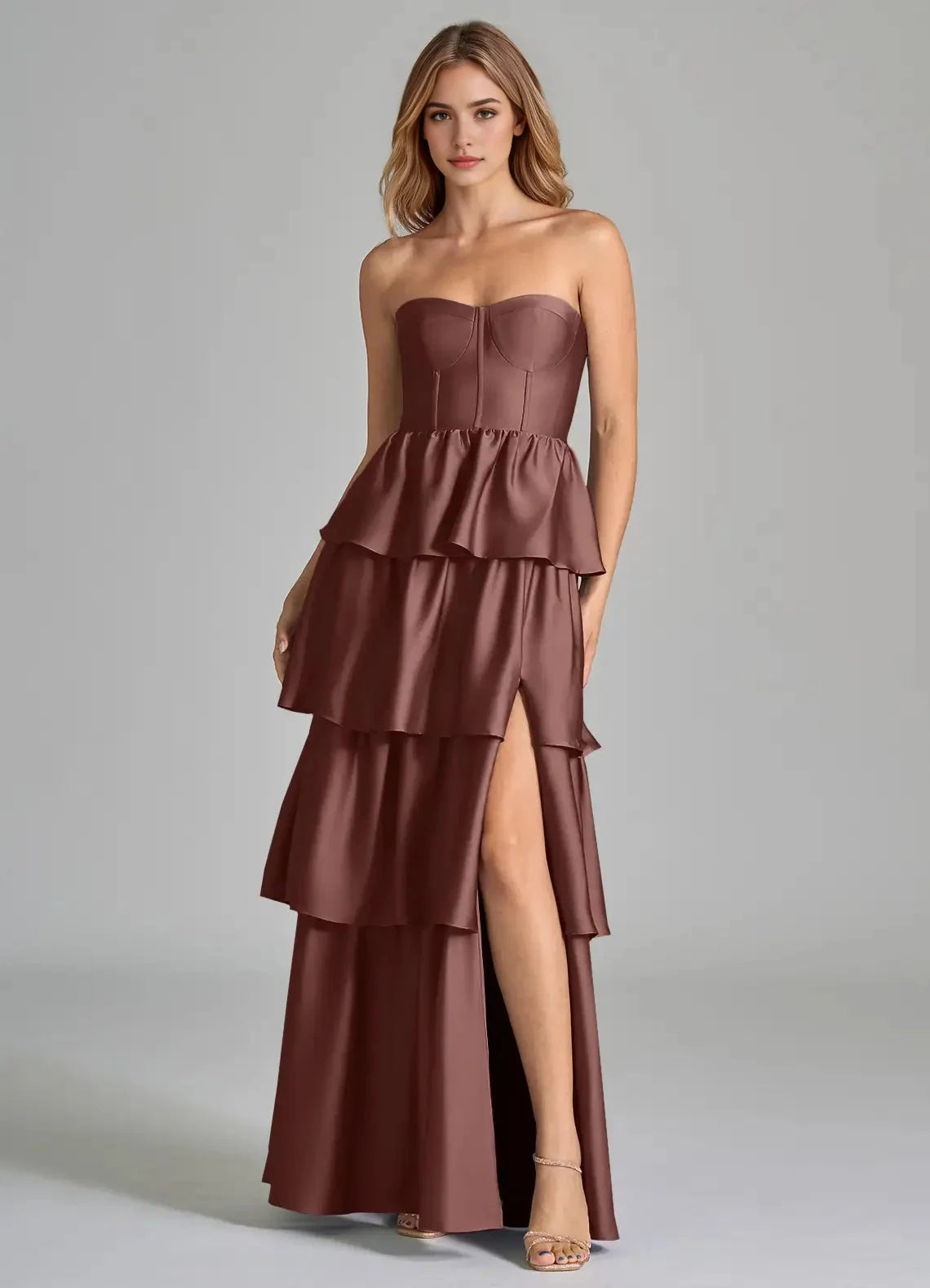 Chocolate Brown Strapless Tiered Maxi Dress with Side Slit A-Line Ruched Stretch Satin Dress Bridesmaid Dresses by YiHuiw