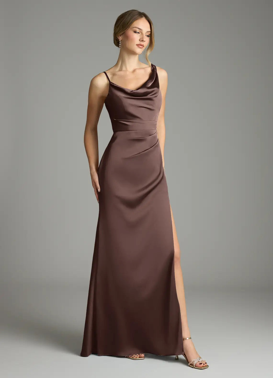 Cowl Neck Satin High Slit Floor-Length Wedding Dress - Yihuiw by Yihuiw