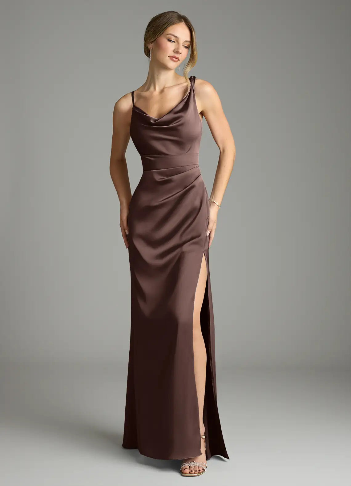 Cowl Neck Satin High Slit Floor-Length Wedding Dress - Yihuiw by Yihuiw