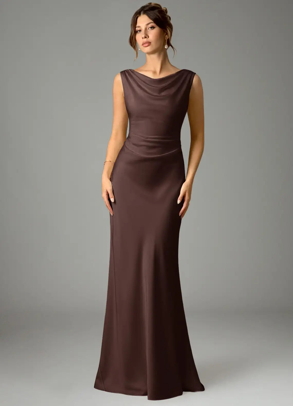 Mermaid Cowl Neck Satin Sleeveless Draped Floor-Length Wedding Dress - Yihuiw by Yihuiw