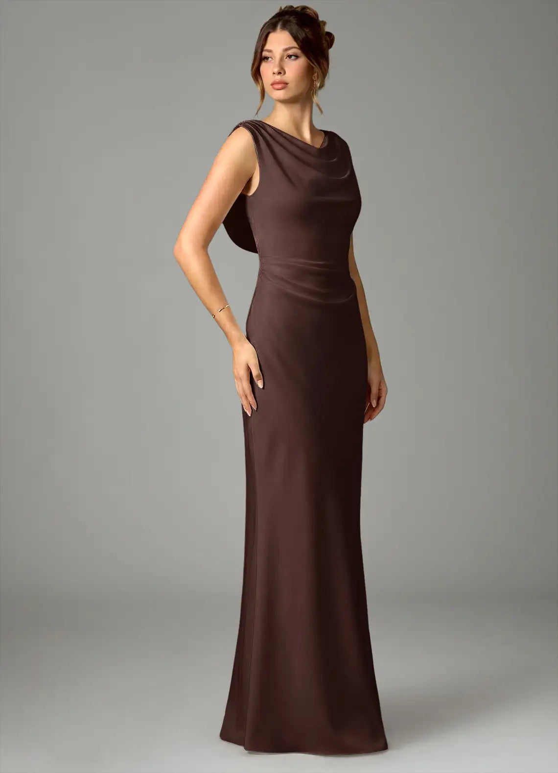 Mermaid Cowl Neck Satin Sleeveless Draped Floor-Length Wedding Dress - Yihuiw by Yihuiw
