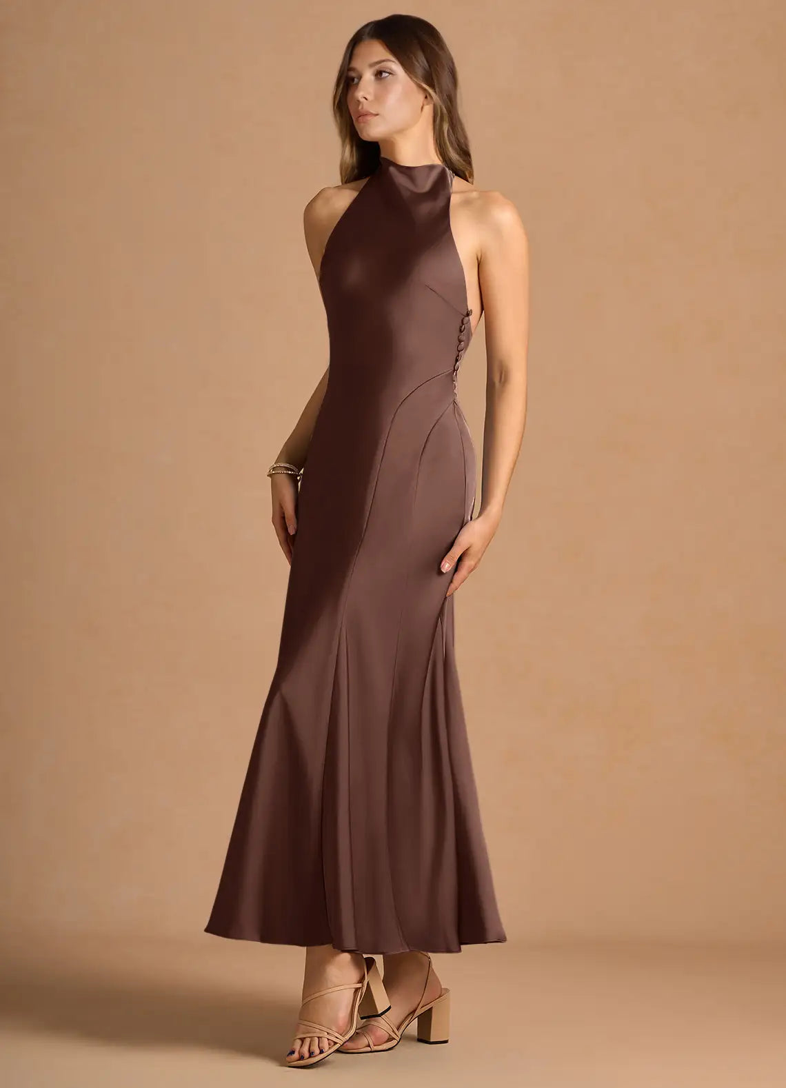 Halter Satin Open Back Midi Wedding Dress - Yihuiw by Yihuiw