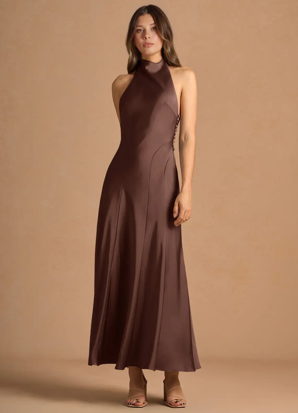 Halter Satin Open Back Midi Wedding Dress - Yihuiw by Yihuiw