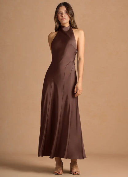Halter Satin Open Back Midi Wedding Dress - Yihuiw by Yihuiw