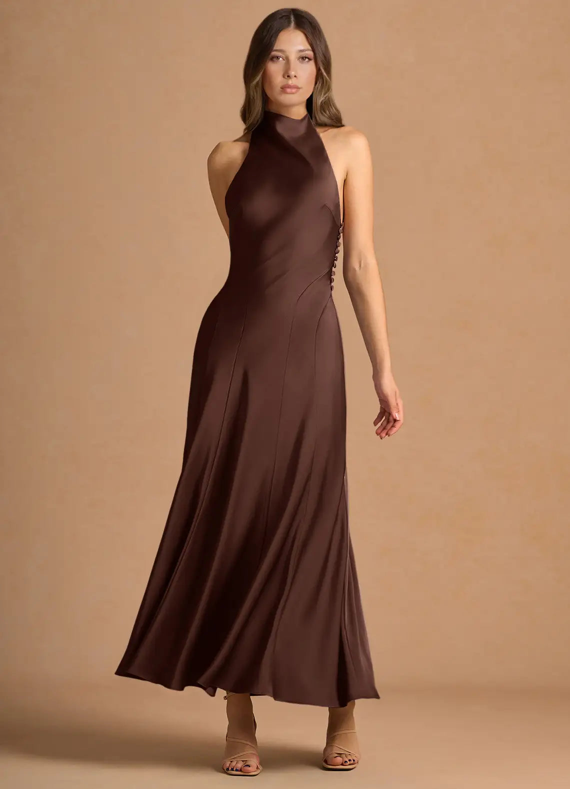 Halter Satin Open Back Midi Wedding Dress - Yihuiw by Yihuiw