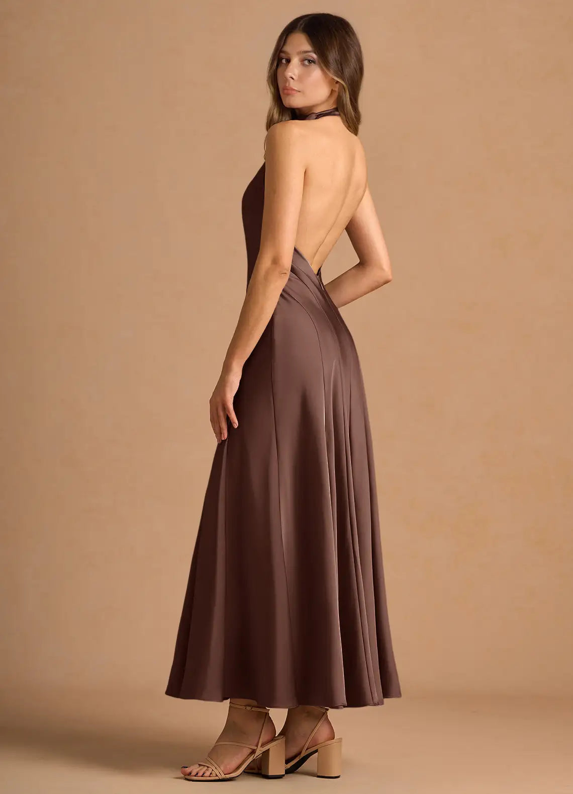 Halter Satin Open Back Midi Wedding Dress - Yihuiw by Yihuiw