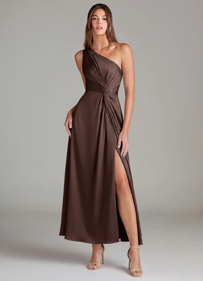 One-Shoulder Satin High Slit Midi Wedding Dress - Yihuiw by Yihuiw