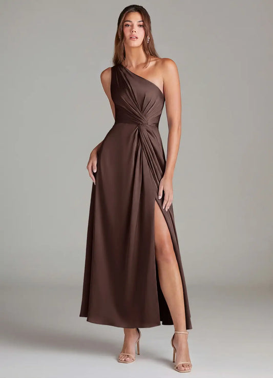 One-Shoulder Satin High Slit Midi Wedding Dress - Yihuiw by Yihuiw