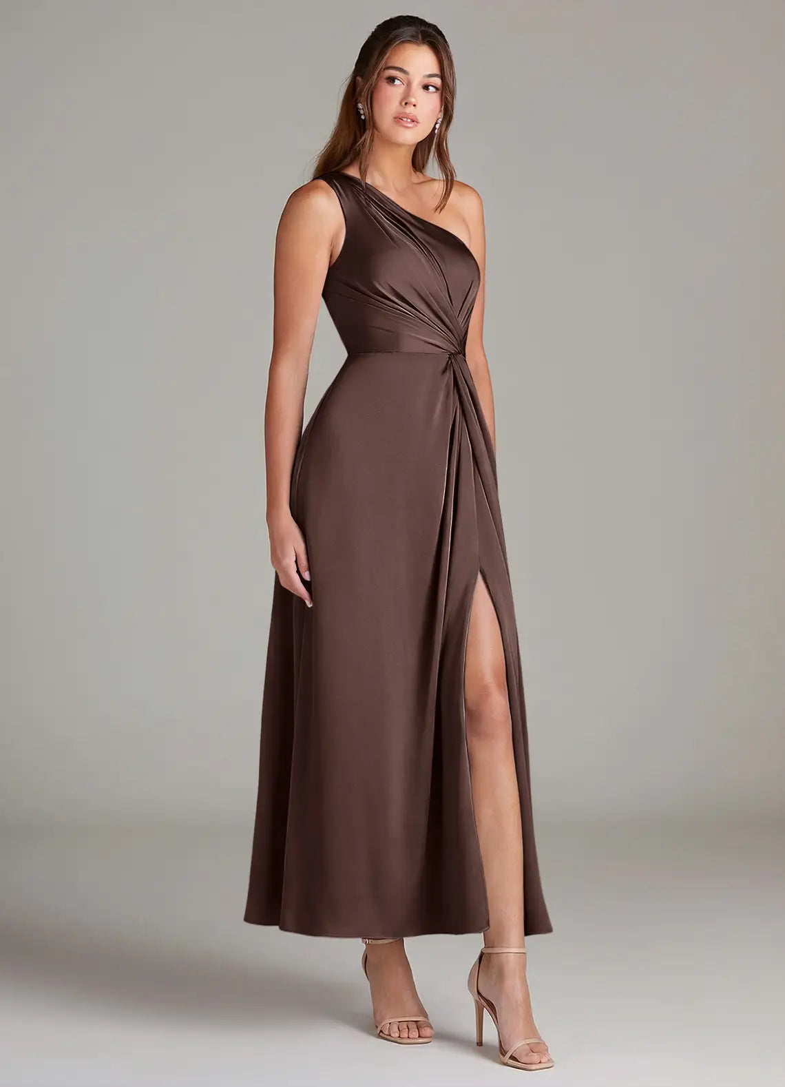 One-Shoulder Satin High Slit Midi Wedding Dress - Yihuiw by Yihuiw