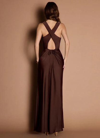 Mermaid Cowl Neck Satin Sleeveless Floor-Length Wedding Dress - Yihuiw by Yihuiw