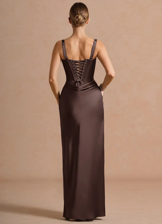 Square Neck Satin Lace-Up Back High Slit Floor-Length Wedding Dress - Yihuiw by Yihuiw