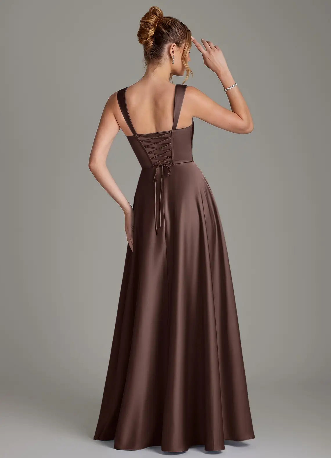 A-Line Square Neck Satin Lace-Up Back Ruched Floor-Length Wedding Dress - Yihuiw by Yihuiw