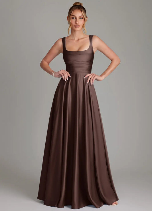 A-Line Square Neck Satin Lace-Up Back Ruched Floor-Length Wedding Dress - Yihuiw by Yihuiw