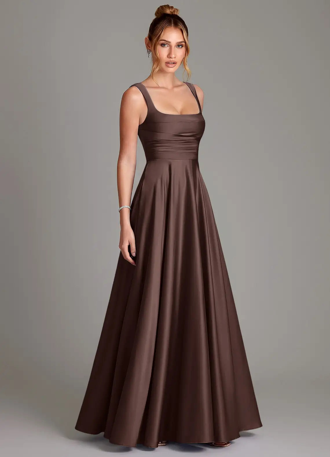 A-Line Square Neck Satin Lace-Up Back Ruched Floor-Length Wedding Dress - Yihuiw by Yihuiw