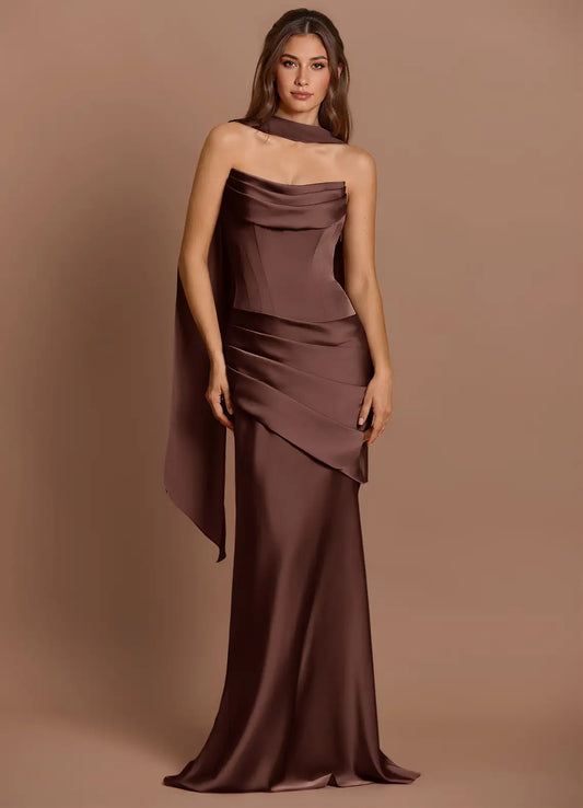 Mermaid Strapless Satin Lace-Up Back Draped Floor-Length Wedding Dress - Yihuiw by Yihuiw