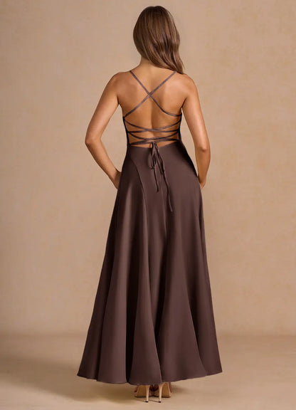 Spaghetti Strap Satin Lace-Up Back Floor-Length Wedding Dress - Yihuiw by Yihuiw