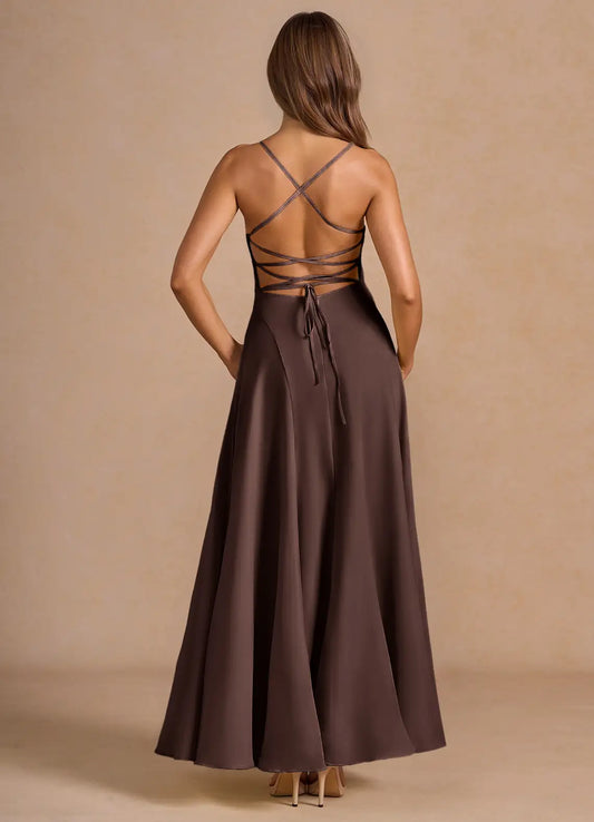 Spaghetti Strap Satin Lace-Up Back Floor-Length Wedding Dress - Yihuiw by Yihuiw