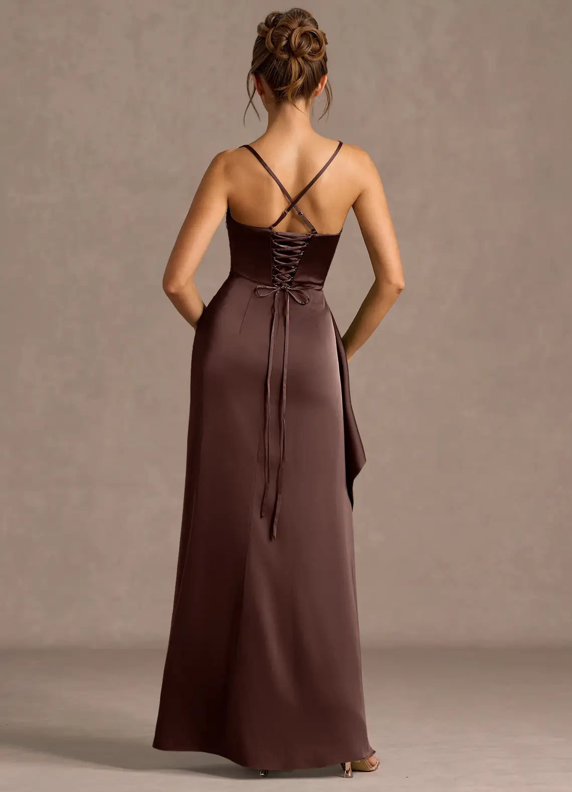 Spaghetti Strap Satin Lace-Up Back High Slit Floor-Length Wedding Dress - Yihuiw by Yihuiw