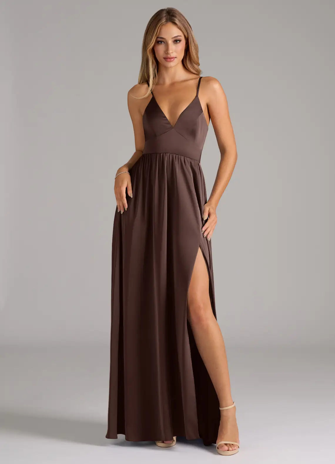A-Line V-Neck Satin Lace-Up Back High Slit Wedding Dress - Yihuiw by Yihuiw