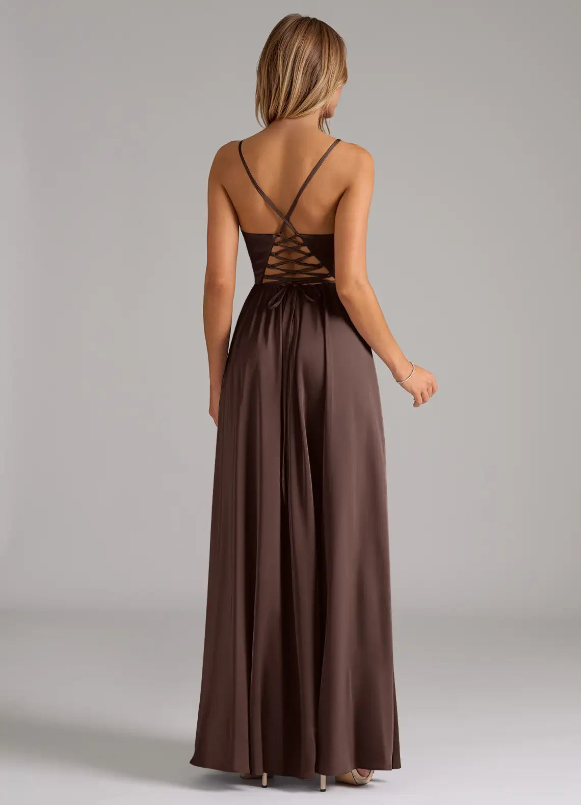 A-Line V-Neck Satin Lace-Up Back High Slit Wedding Dress - Yihuiw by Yihuiw
