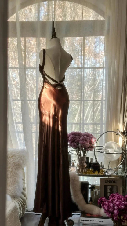 Chocolate Strapless V-Neck Long Mermaid Slim Satin Ball Gown Evening Dress simple gentle atmospheric and unique desi Bring summer colors to enhance whiteness by YiHuiw