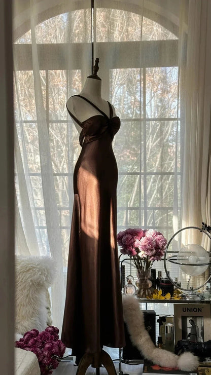 Chocolate Strapless V-Neck Long Mermaid Slim Satin Ball Gown Evening Dress simple gentle atmospheric and unique desi Bring summer colors to enhance whiteness by YiHuiw