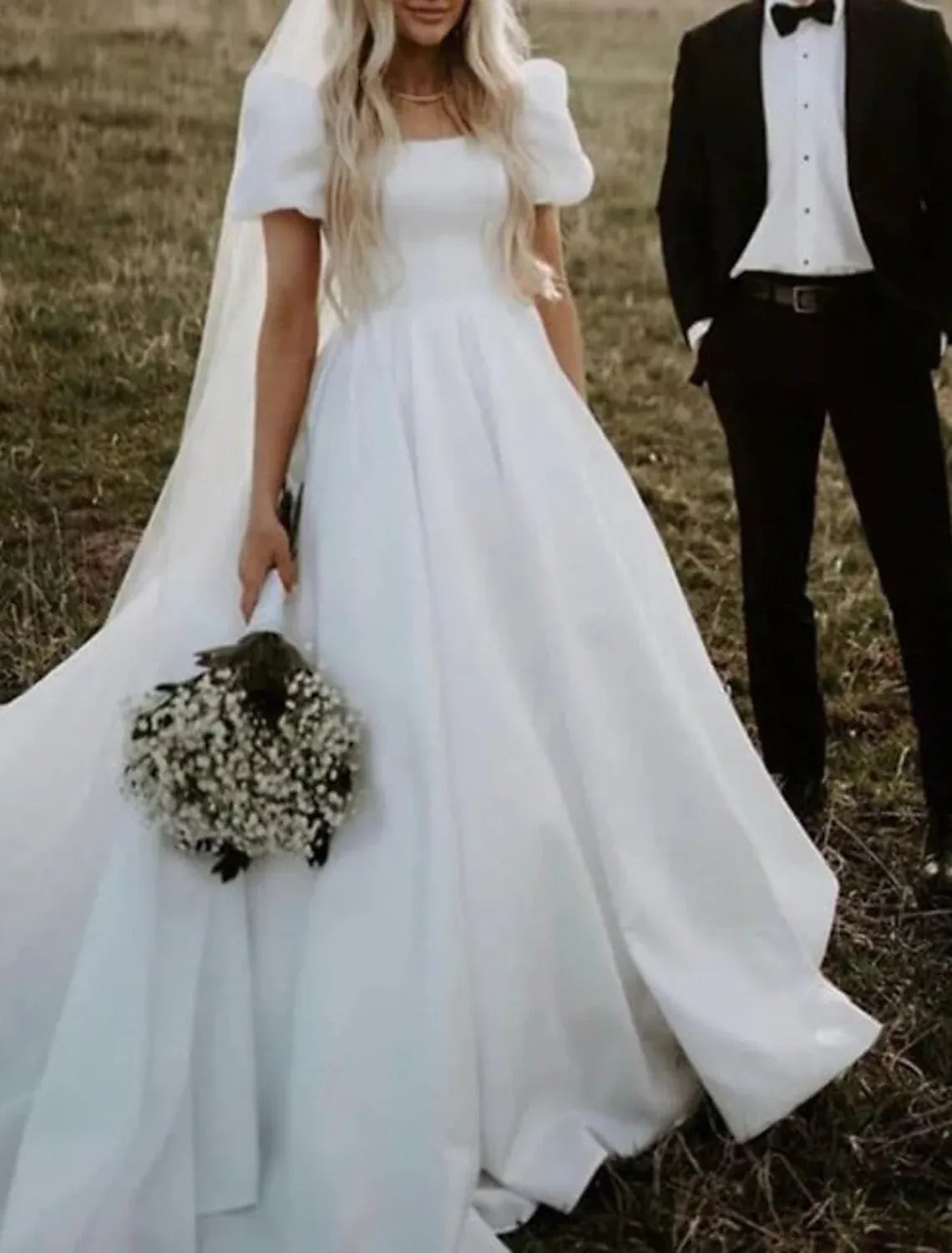 A-Line Square Neck Satin Short Sleeve Train Floor-Length Wedding Dress - Yihuiw by Yihuiw