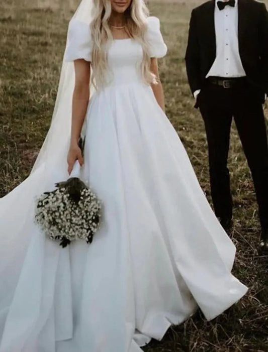 A-Line Square Neck Satin Short Sleeve Train Floor-Length Wedding Dress - Yihuiw by Yihuiw