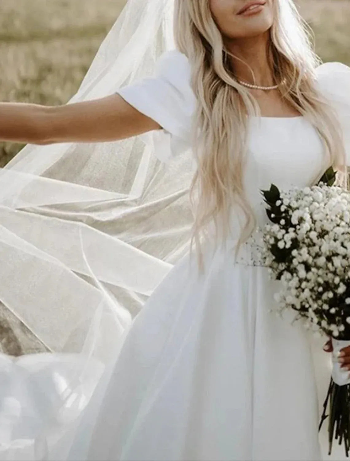A-Line Square Neck Satin Short Sleeve Train Floor-Length Wedding Dress - Yihuiw by Yihuiw