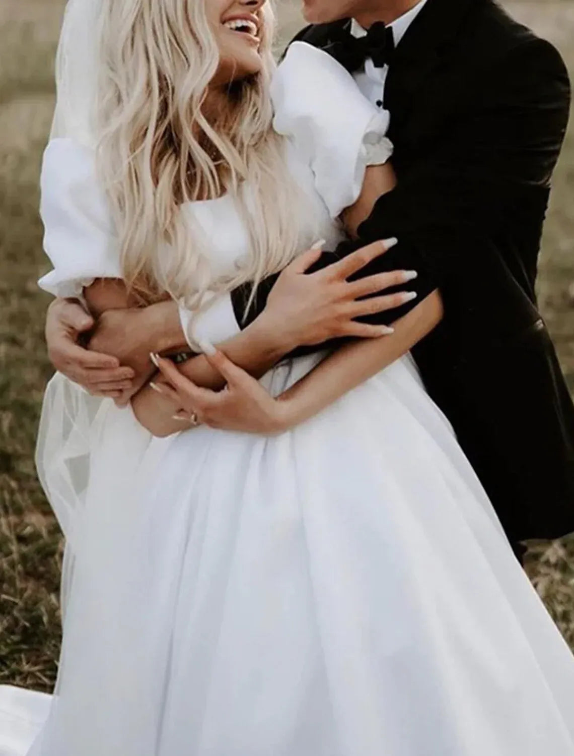 A-Line Square Neck Satin Short Sleeve Train Floor-Length Wedding Dress - Yihuiw by Yihuiw