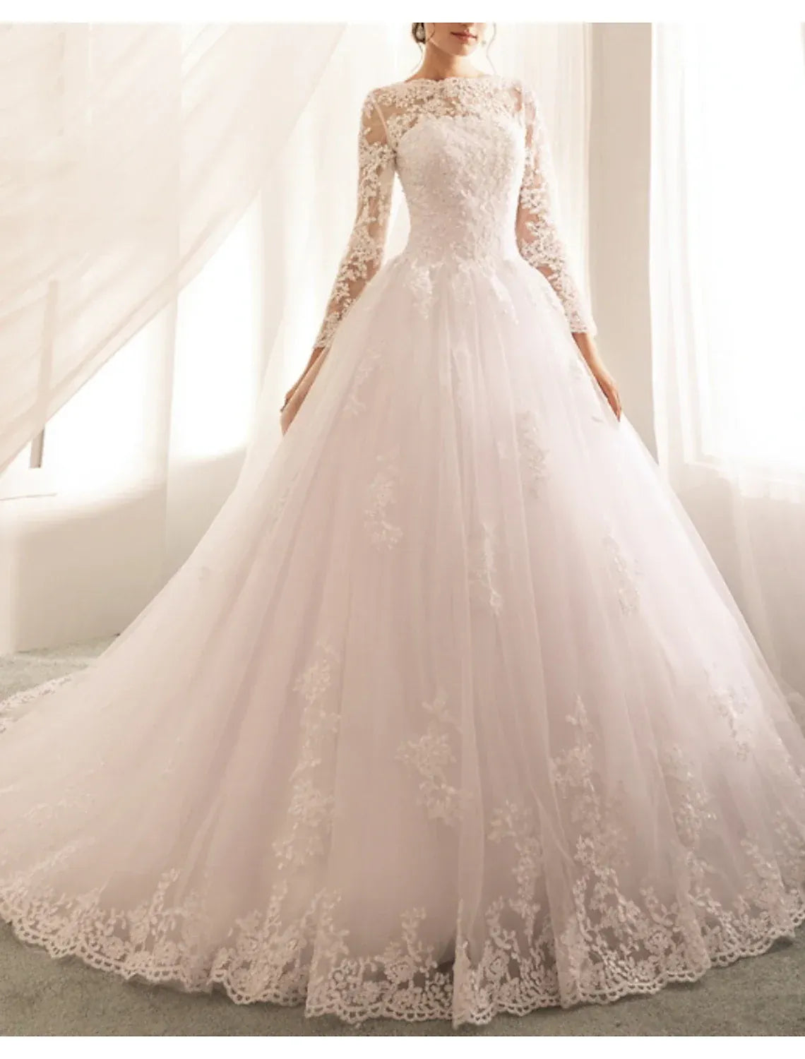 Ball Gown Tulle Long Sleeve Train Wedding Gown - Yihuiw by Yihuiw