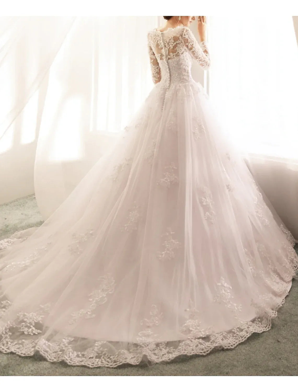 Ball Gown Tulle Long Sleeve Train Wedding Gown - Yihuiw by Yihuiw